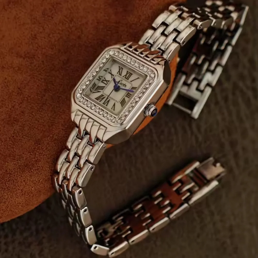 Classic Silver Stainless Steel Crystal Watch with Roman Numerals